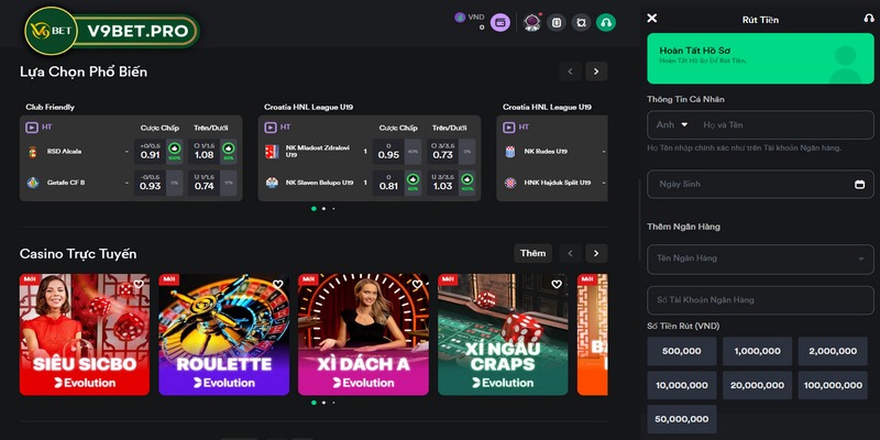 Lệnh nạp rút tiền V9bet luôn phải trong hạn mức cho phép